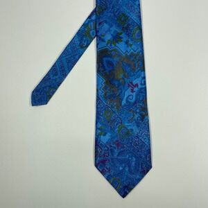 Thai Silk Blue Necktie Abstract Paisley Geometric Handmade Mens OS